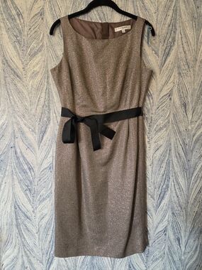 LK Bennett Bronze Metallic Midi Dress with Black Bow Size 6